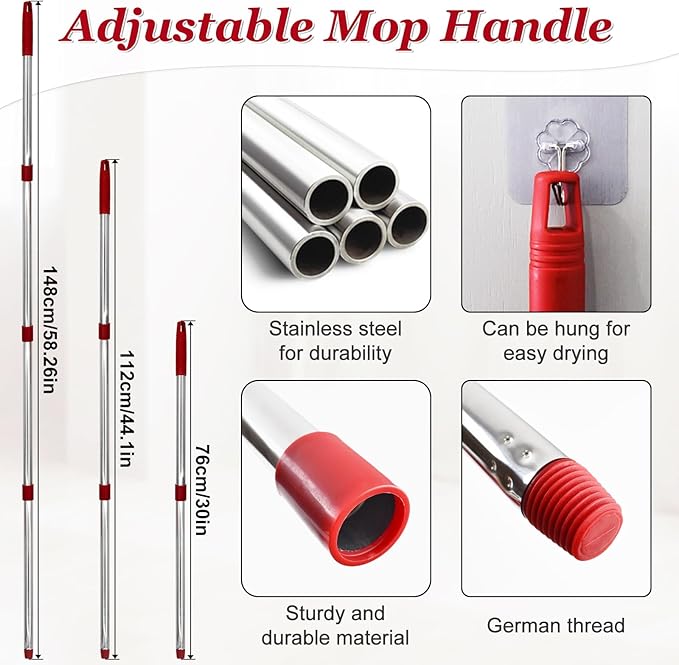 Spin Mop Handle,Mop Heads Replacements,Scrubber Mop Head and Mop Base Combo Set Compatible with Ocedar RinseClean 2-Tank Spin Mop,Mop Replace Head and Scrub Brush Set for Multi-Surface Hard Floor