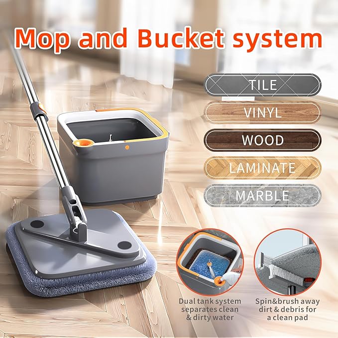 Spin Mop and Bucket Set with Self Separation Dirty and Clean Water System, Mop Set with Self Wringing 360° Rotating Clean Floor Mop-Head for Hardwood Tile Marble Floors (Dark Gray, 10pads)