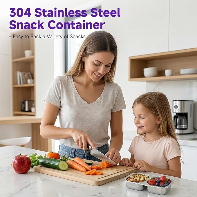 Stainless Steel Snack Containers with Lid, Reusable 2 Compartment Snack Box Leak-Proof Food Storage Container, 13 Oz BPA-Free Metal Bento Lunch Box for Home, Travel, Picnic (1 Pack, Purple)