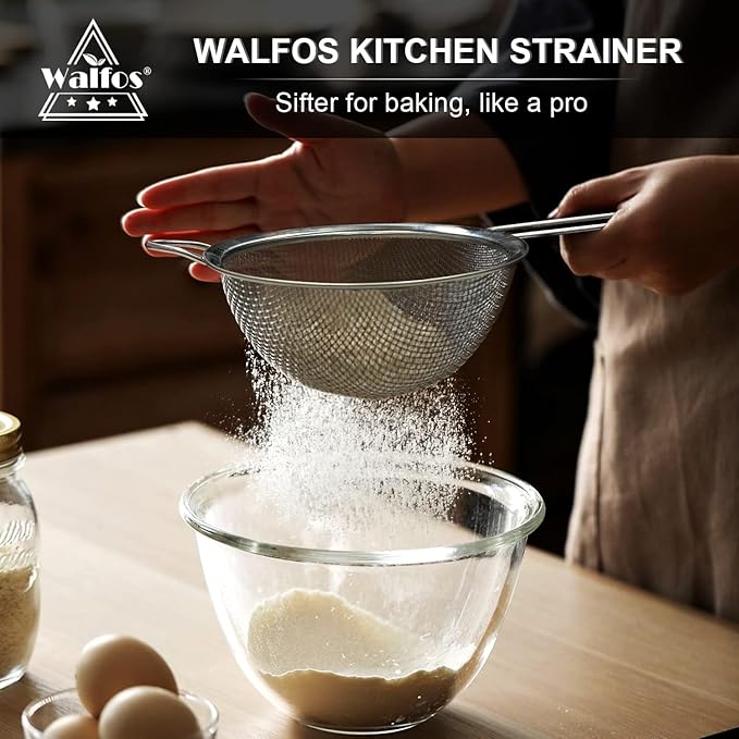 Walfos Fine Mesh Strainers Set, Premium Stainless Steel Colanders and Sifters, with Reinforced Frame Sturdy Handle, Perfect for Sift, Strain, Drain Rinse Vegetables, Pastas Tea - 3 Sizes