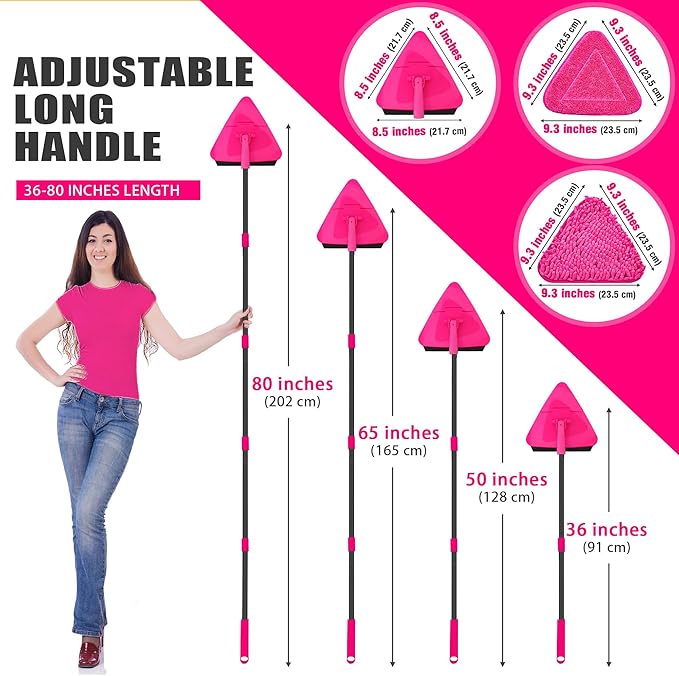 JEHONN Wall Mop with Long Handle 80 inches, Upgraded 180° Collapsible Baseboard Cleaner Tool with Squeegee, Ceiling Duster with 3 Microfiber and 3 Chenille Pads for Cleaning Window, Cabinet (Rose Red)