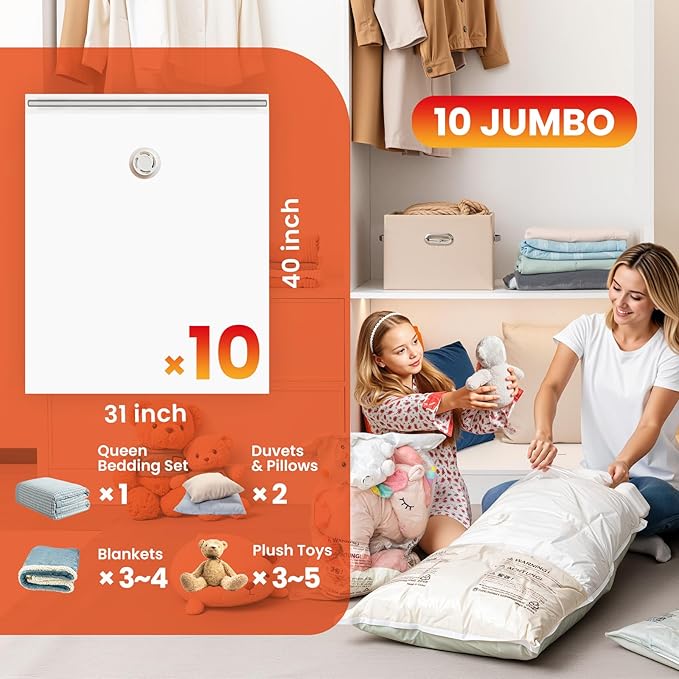 10 Pack Vacuum Storage Bags, Jumbo Vacuum Seal Bags for Clothing (40x31 Inch)