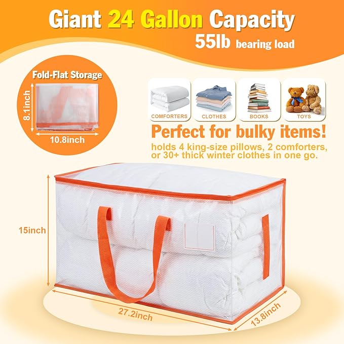 KYODOLED Clear Moving Bags with Orange Handles, 6-Pack Heavy Duty Storage Totes for Clothes & Bedding, Extra Large 27"x14"x15" (24 Gal), Foldable Transparent Organizer with Label Pocket, PP Material