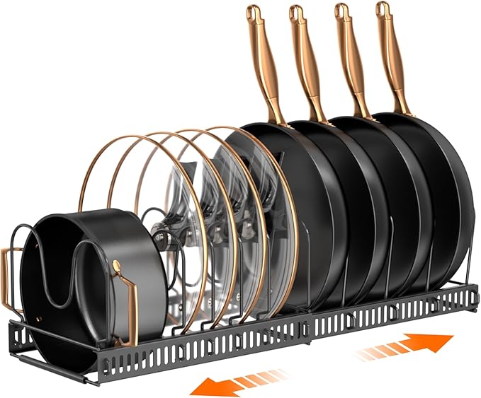 MUDEELA Pots and Pans Organizer Rack for under Cabinet, Expandable 11.81''-22.85'' Pot Lid Kitchen Cabinet Organizer Holder with 10 Adjustable Compartment Cutting Board Organizer for Pan Lid, Bakeware