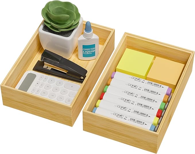 Kitchen Drawer Organizer Bins, Stackable Bamboo Drawer Organizer for Silverware, Flatware, Deep Office Desk Drawer Organizer Tray, Desktop Pen