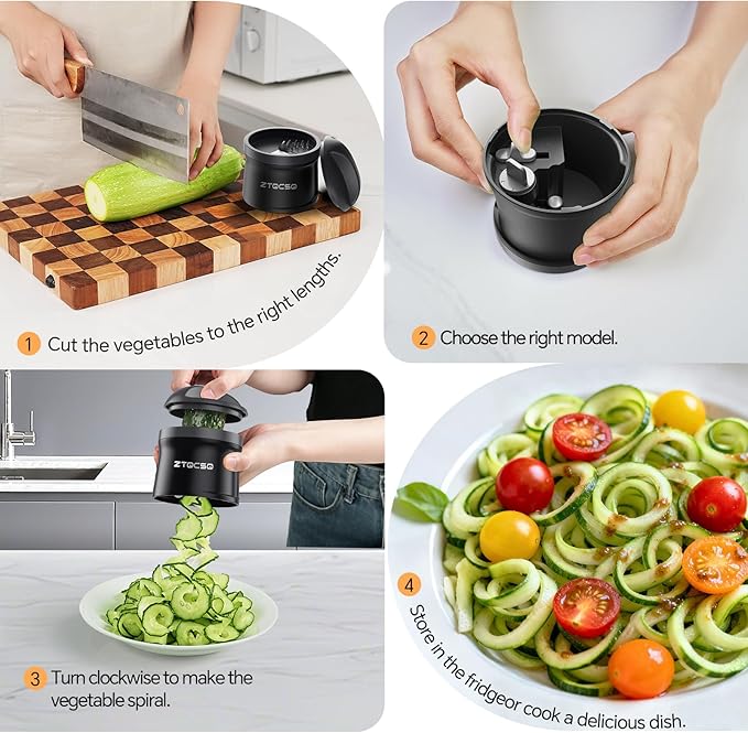 4 in 1 Vegetable Spiralizer Slicer, Adjustable Thickness 0-3mm, Zucchini Spiralizer Veggie Noodle Maker for Cucumber/Zoodle/Salad/Spaghetti/Pasta with Food Container, Cleaning Brush, Gray