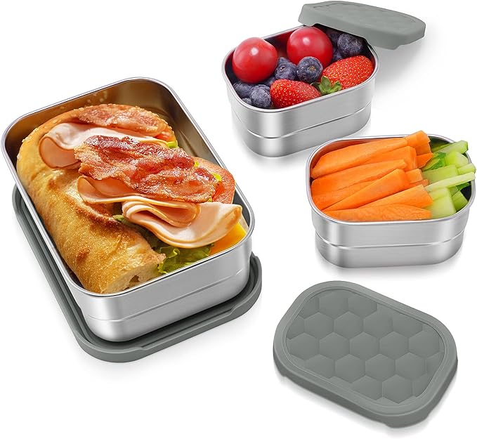 Tanjiae 3 CUP+1 CUP Stainless Steel Lunch Snack Containers Set | Leak Proof 304 Stainless Steel Food Containers with Silicone Lids - Perfect Metal Lunch Box for School and Daycare (25oz+8oz*2)
