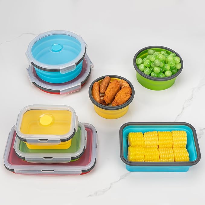 Collapsible Food Storage Containers with Lid & Air Vent, 8 Pack, 4 Rectangular + 4 Round