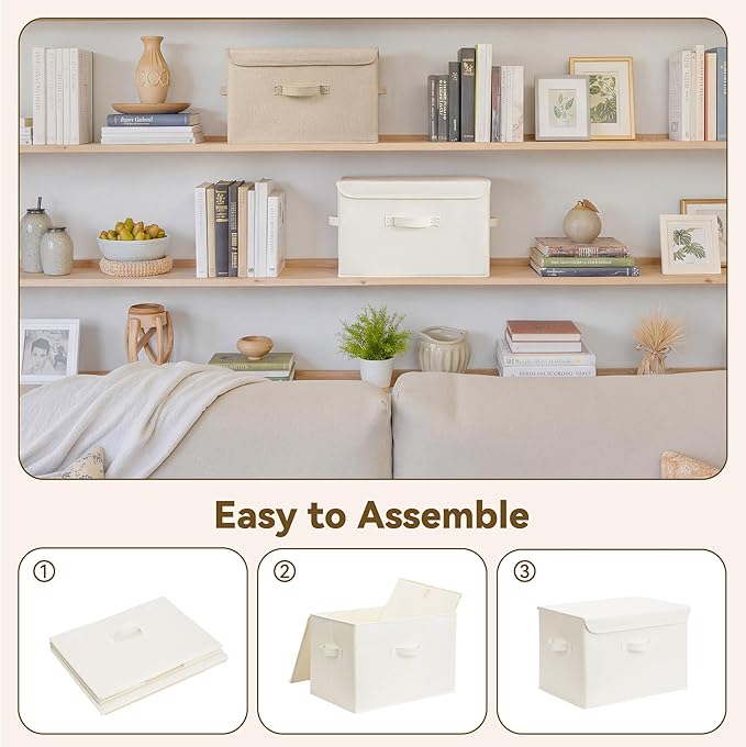GRANNY SAYS Stoarge Basket with Lid, Decorative Storage Boxes, Closet Storage Bins for Clothes, Collapsible Stackable Organization, Ivory White&Khaki, 2-Pack