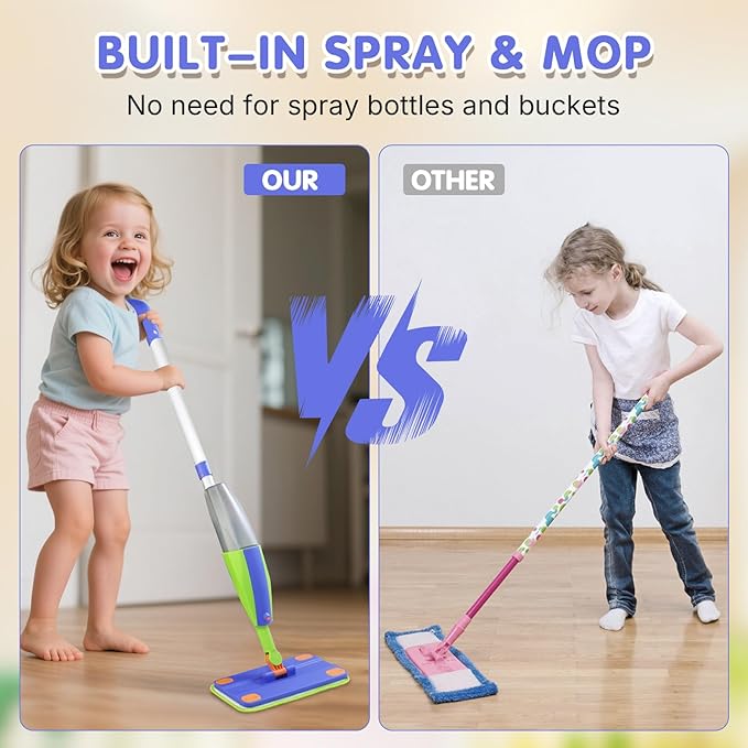 Kids Spray Mop that Really Works,Pretend Play Toddler Cleaning Set,Montessori Toys Cleaning Set for Ages 4-8, Water Sprayer & Scraper & 2 Washable Mop Pads, Housekeeping Toys Gifts for Kids Toddlers