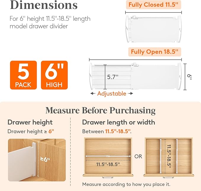 6" Tall 5 Pack Drawer Dividers
