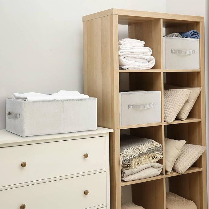 3 Pack Linen Storage Baskets with Handle, Beige