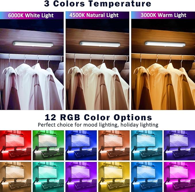 Under Cabinet Lights Wireless, 58-LED Rechargeable Motion Sensor Closet Lights with Remote Control, RGB Color Changing Under Counter Lights for Kitchen, Pantry, Bedroom, Stairs, 4 Pack