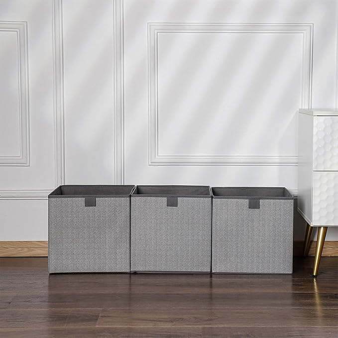 Storage Baskets, 11.8-Inch Woven Fabric Bins, Storage Cubes with Reinforced Handles, Organizer Bins for Closet Shelves, Foldable, for Toys, Clothes (3PCS/Grey-11.8*11.8*11.8inch)