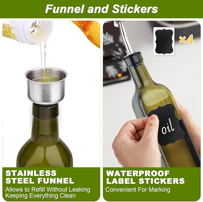 2-Pack Olive Oil Dispenser Bottle Set - 17oz/500ml Dark Green Glass Oil and Vinegar Bottles for Kitchen, Includes 2 Stainless Steel Pourers, Funnel, Brush & 4 Chalkboard Labels
