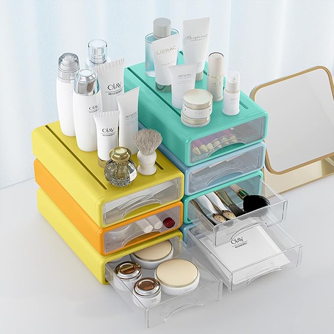 Desk Organizer with Drawers, Stackable Storage Drawers with Compartments Desktop Organization for Office Supplies, Makeup, Pencils, Tape, Erasers, Paperclips, Chargers (4 Pack)