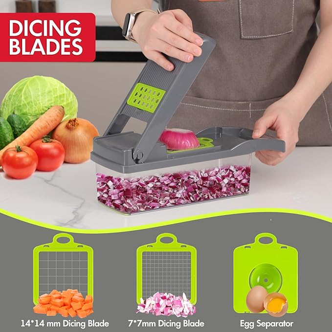 Ourokhome Vegetable Chopper Onion Cutter, 14 in 1 Professional Mandolin Slicer for Kitchen, Multifunctional Food Chopper for Potato, Tomato, Veggie with Strainer Basket, 10 Blades, Gray