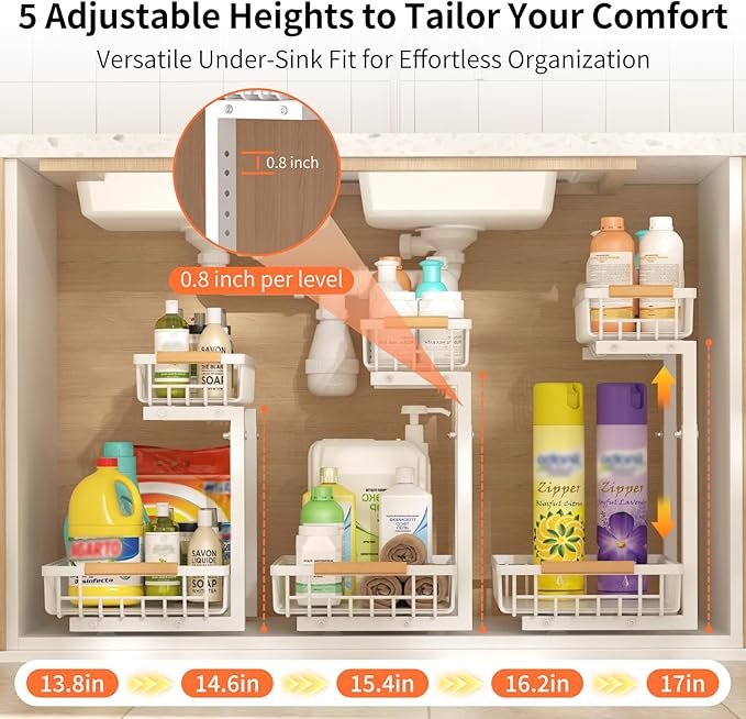 Under Sink Organizer, Under Sink Organizers and Storage, 2-Tier Pull Out Under Cabinet Organizer Storage Shelf, Metal Frame, Height Adjustable Rack for Bathroom Kitchen Pantry