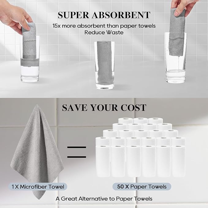 HONOVA Microfiber Cleaning Cloth Roll 45 Pack, Reusable Paper Towels Washable Roll, 12" x 12", Tear Away Microfiber Towels, Highly Absorbent, Lint Free Dish Rags for Kitchen, Window, Car, Shop(Grey)