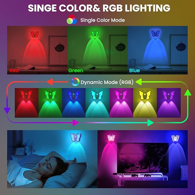 LOFTEK Rechargeable Motion Sensor Light, RGB Color Changing & Dimmable Night Light, Cute Butterfly Light for Kid's Bedroom, Bathroom, Hallway, Tent & Stairs - Ideal Home Decor & Gift, Pink of 4