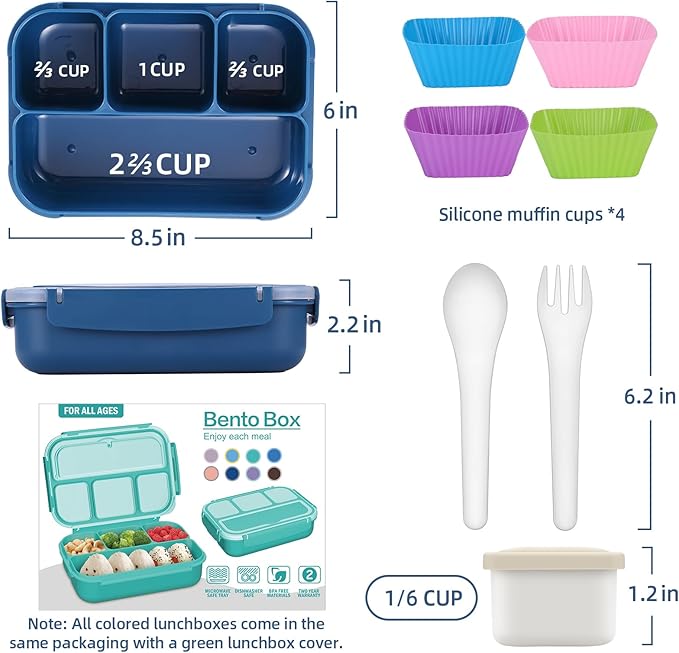 QQKO Bento Box Adult Lunch Box, Lunch Containers for Adults Men Women, Kids Lunch Boxes for School with 4 Compartments, Sauce Container