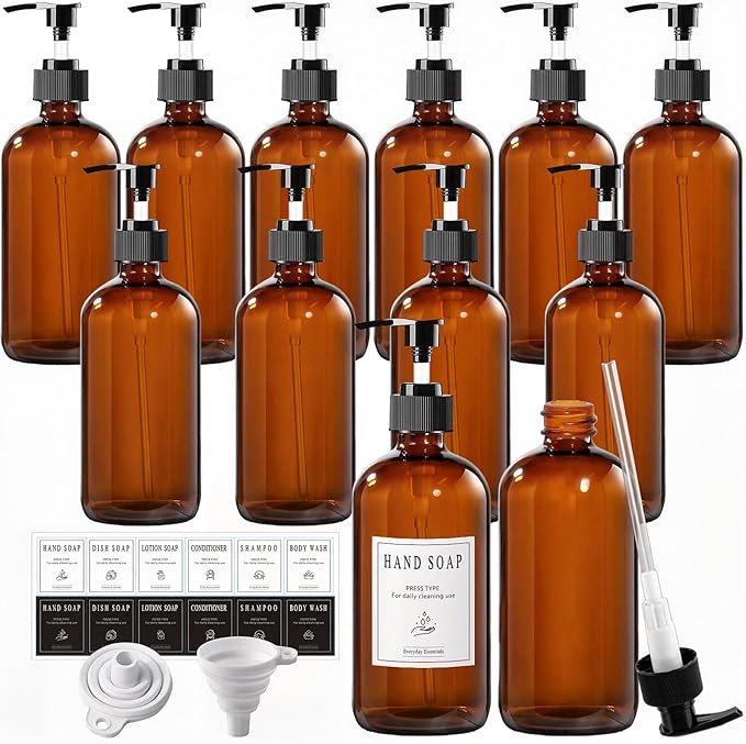 TBWIND 12 Pack Amber Glass Bottles 16oz with Pump Dispensers, Refillable Empty Pump Bottles for Bathroom, Kitchen, Shampoo, Soap, Lotion – Includes 2 Funnels & 12 Labels