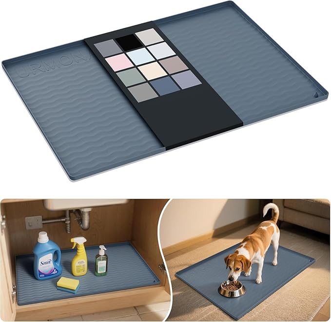 URMONA Waterproof Silicone Under Sink Mat 28'' x 19'' Shelf Liner for Kitchen and Bathroom, Cabinet and Counter Protector, Storage and Organizers, Litter Mat, Pet Cat Puppy Essentials(Dark Grey)