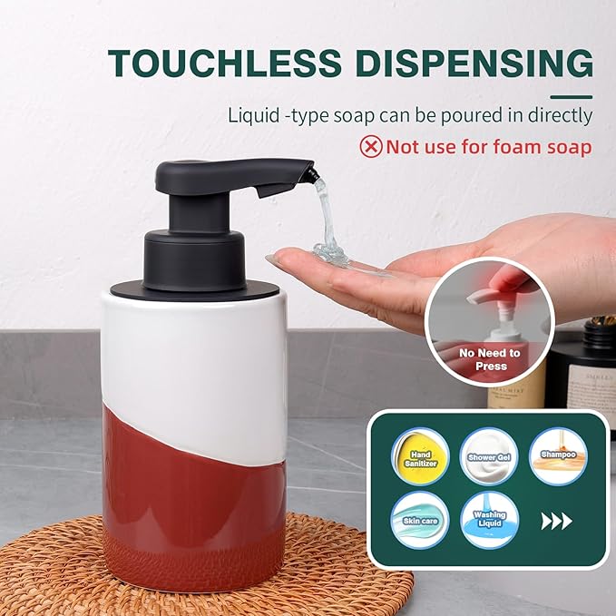 BosilunLife Automatic Soap Dispenser Ceramic Hand Free Soap Dispenser with Waterproof Pump Rechargeable Smart Electric Soap Lotion Dispenser Touchless for Kitchen Bathroom (White-Red, Liquid Pump)