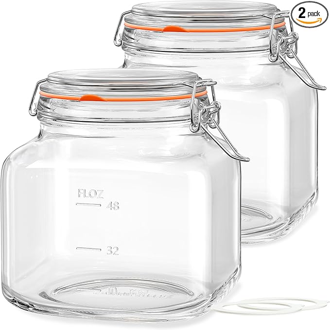 Large Glass Jars with Airtight Lid, 2 Pack Glass Food Storage Jars with 2 Scale Marks, Square Glass Canisters for Flour, Cereal, Coffee, Pasta
