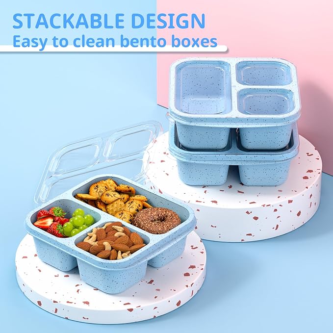Snack Boxes (3 Pack) - Stackable Bento Boxes with 3 Compartments, Meal Prep Containers Reusable, Lightweight Lunch Containers for Kids and Adults