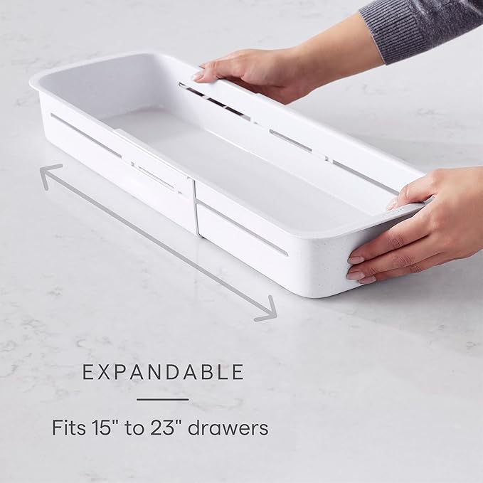 YouCopia DrawerFit® Sliding Drawer Bin, Expandable and Adjustable Kitchen Storage Organizer, Speckled White
