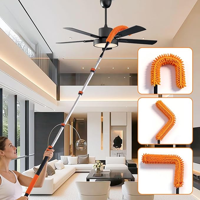 30FT High Reach Duster Kits with Dual Action Flip-Lock & Screw Fixing Design, 5-24FT Extension Pole, Cobweb Duster