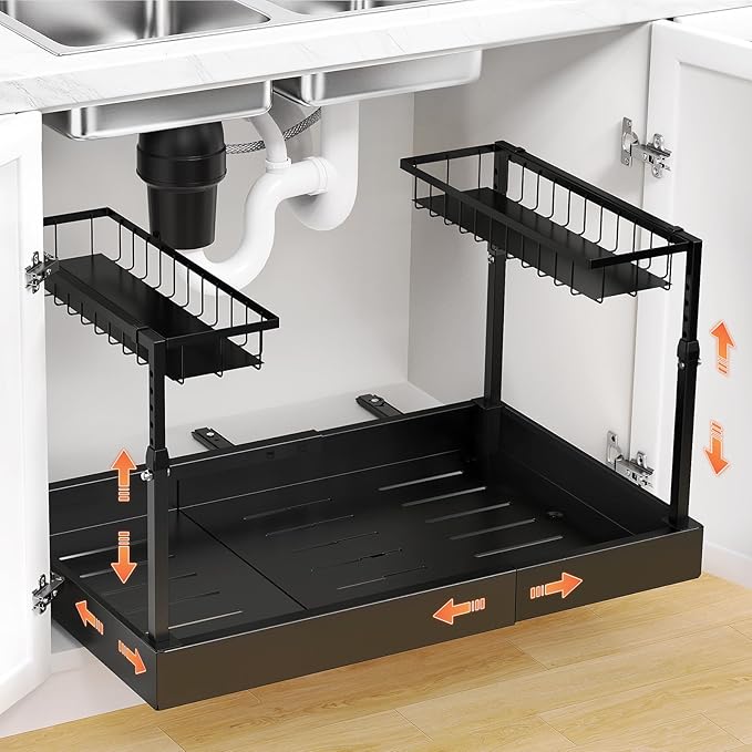 Aisslro Under Sink Organizer, 2 Tier Under the Sink Storage, Expandable Adjustable Slide Out Pull Out Under Cabinet Organizers Shelf, for Kitchen Bathroom Pantry Closet Organization, Black