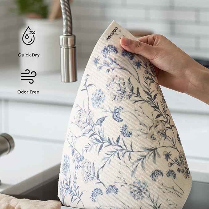 RECYCO Swedish Dishcloths for Kitchen | 4 Pack Oversized Washable Dish Rags | Large Cellulose Reusable Cleaning Paper Towels | Absorbent Counter Dish Cloth Sponge XL Kitchen Wipes, 12" L x 10" W