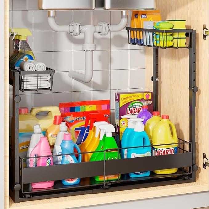 Expandable Under Sink Organizer with 5-Level Height Adjustment,2 Tier Under Sink Organizer Pull-Out Under Sink Drawers Cabinet Organizer for Kitchen & Bathroom Storage,Black,Large