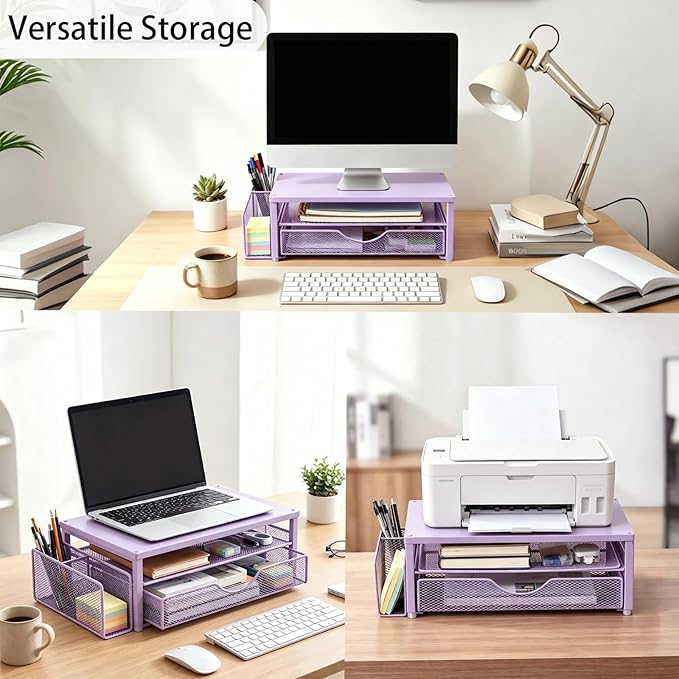 Spacrea Desk Organizer and Accessories, Computer Monitor Stand Riser with Drawer and 1 Open Pen Holder, Printer & Laptop Stand
