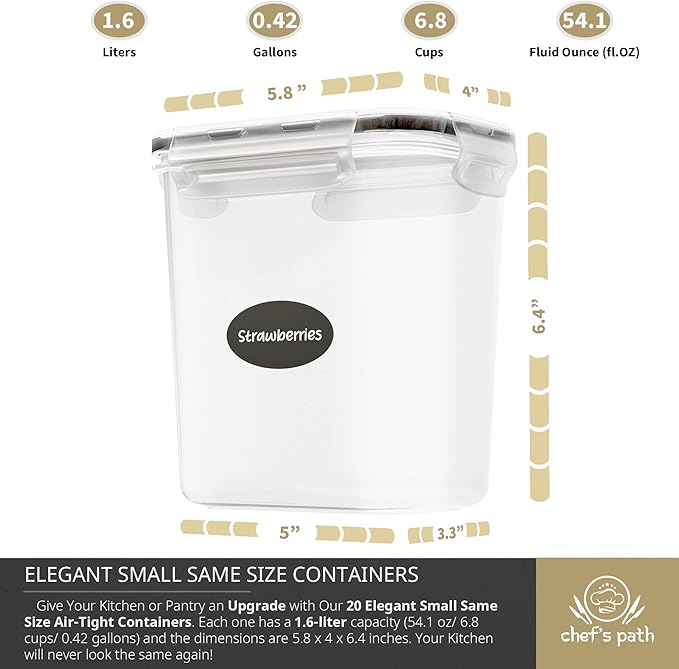 Chef's Path Airtight Plastic Food Containers with Lids - 20 Pack (1.6 Liter Each) - Durable Kitchen and Pantry Storage for Cereal, Rice, Pasta, Sugar