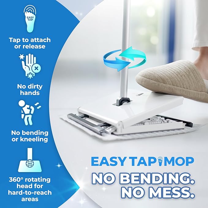 Hands-Free Flat Floor Mop & Sweeper - Foot-Tap Lock System Compatible with Most Pads - 360 Swivel & Adjustable Aluminum Handle - Includes Baking Soda Wet Wipes & 3D Microfiber Cloth
