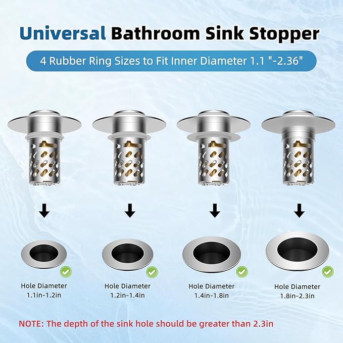 iFealClear 4 Pack All Metal Bathroom Sink Stopper, Pop Up Sink Drain Strainer with Removable Stainless Steel Filter Basket, Universal for 1.1"-2.36" Sink, Brass Bounce Core, Hair Catcher, Chrome