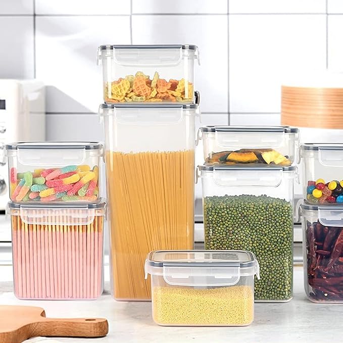 stusgo 24 Pack Airtight Food Storage Containers with Lids, Plastic Kitchen and Organization Canisters for Cereal, Flour and Sugar, BPA Free, Includes Spoons, Labels and a Pen