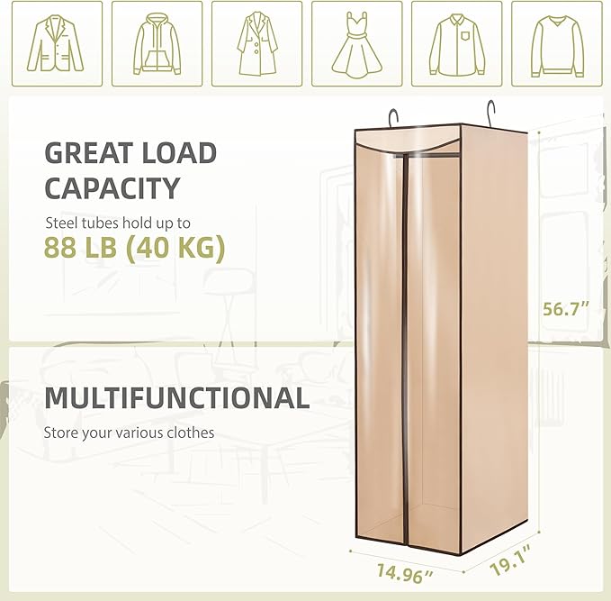 Garment Bags for Hanging Clothes Storage, Long Garment Cover with Zippered Clear Window for Closet Wardrobe Clothes Rack Organizer, Hanging Garment Bags for Dresses, Suits, 1 Pack, Beige
