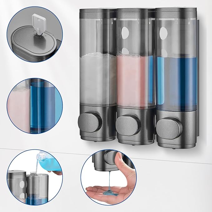 Shampoo and Conditioner Dispenser 3 Chamber No Drill,Shower Soap Pump Dispenser Wall Mounted,Body Wash Dispenser,Shower Gel Shampoo Holder for Bathroom Accessories,Gungrey