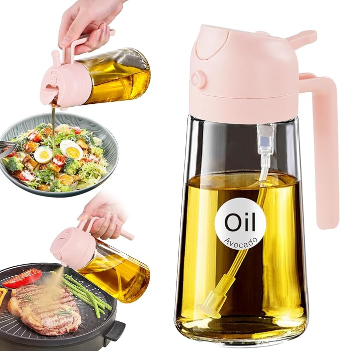 YARRAMATE 16oz/470ml Glass Olive Oil Sprayer for Cooking with Stickers, 2 in 1 Oil Dispenser for Kitchen Gadgets