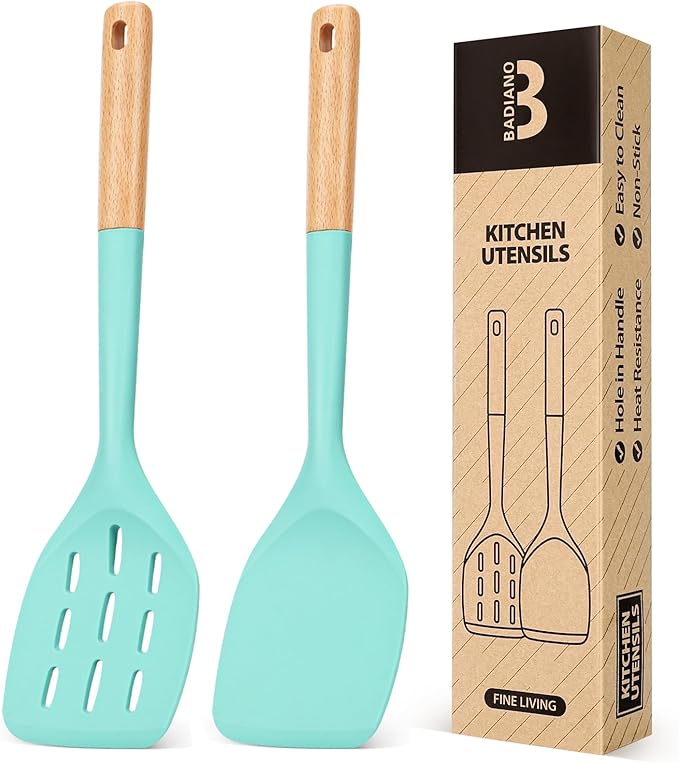 Pack of 2 Silicone Spatula, Non Stick Cooking Utensil Set Stainless Steel Handle Kitchen Turner for Baking Mixing Grilling Serving Food Heat Resistant Non Scratch Hooks Included (Green)