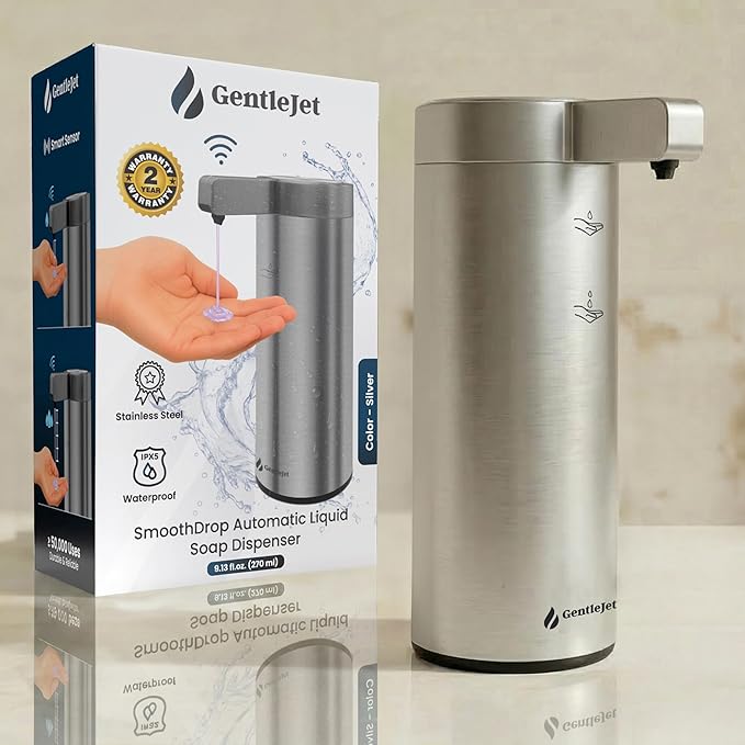GentleJet SmoothDrop Automatic Liquid Soap Dispenser – Touchless, No-Drip Precision Pump, USB-C Rechargeable, 304 Stainless Steel, Waterproof Countertop Dispenser for Kitchen & Bathroom Sink, 270 ml