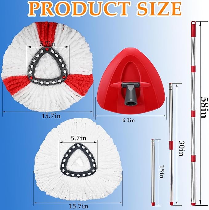 Spin Mop Head Replacement for Ocedar, 3 Microfiber Mop Head, 1 Base, 1 Mop Handle (30-58in) Combo Mops Set Compatible with O-Cedar EasyWring Microfiber Spin Mop (1 Tank System)