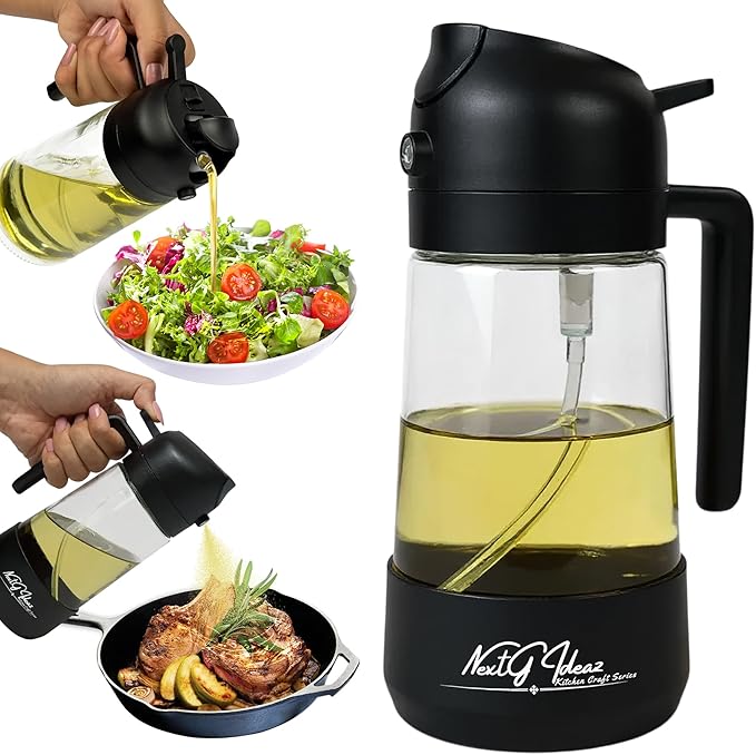 Oil Dispenser, 2 In 1 Cooking Oil Sprayer and Pourer, Non-Drip Spout for Kitchen Oil, Air Fryer, Salad, Grill, 16oz/470ml with Silicone-Encased Base (Black Cap, Clear Bottle)