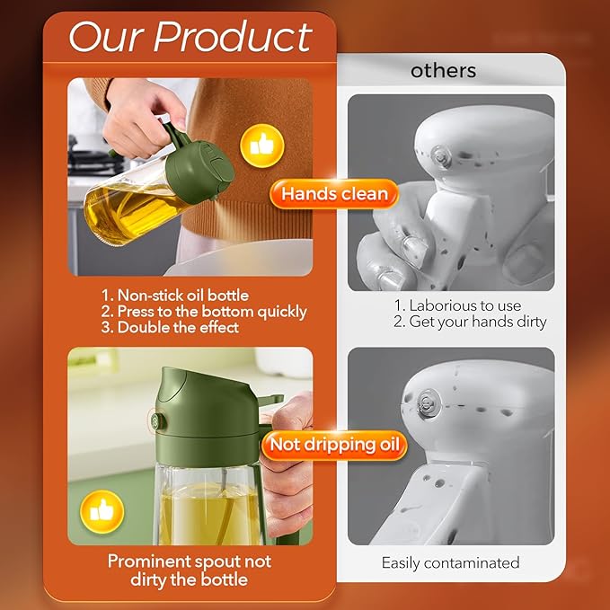 YARRAMATE 2Pcs 16oz/470ml Glass Olive Oil Sprayer for Cooking with Stickers, 2 in 1 Oil Dispenser for Kitchen Gadgets