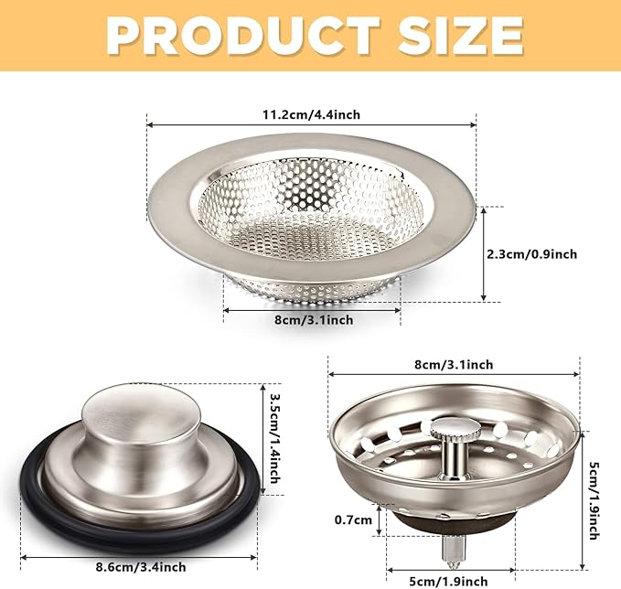 Mudder 3 Pcs Kitchen Sink Strainer & Stopper - Stainless Steel