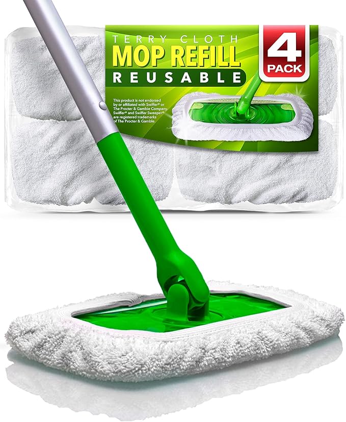 VanDuck Reusable 100% Cotton Mop Pads Compatible with Swiffer Sweeper (4-Pack), Terry Cloth Mop Covers Washable for Wet Mopping and Floor Cleaning (Handle is Not Included)